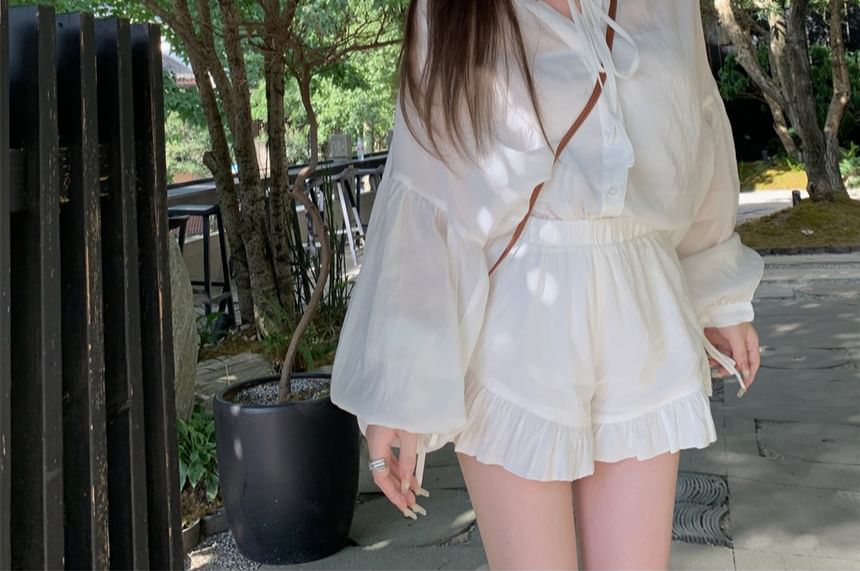 Puff-Sleeve Plain Lace-Up Shirt / High Waist Ruffle Shorts