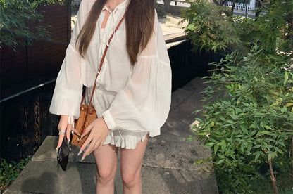 Puff-Sleeve Plain Lace-Up Shirt / High Waist Ruffle Shorts