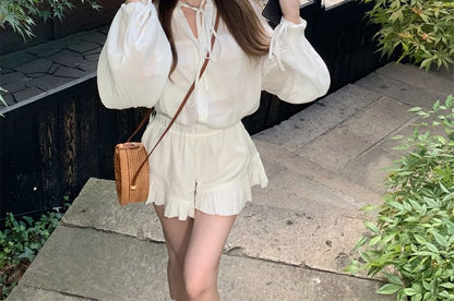 Puff-Sleeve Plain Lace-Up Shirt / High Waist Ruffle Shorts