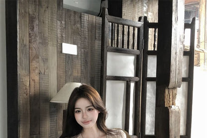 Puff-Sleeve V-Neck Plain Lace Trim Ruffle Blouse