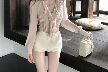 Puff-Sleeve V-Neck Plain Lace Trim Ruffle Blouse