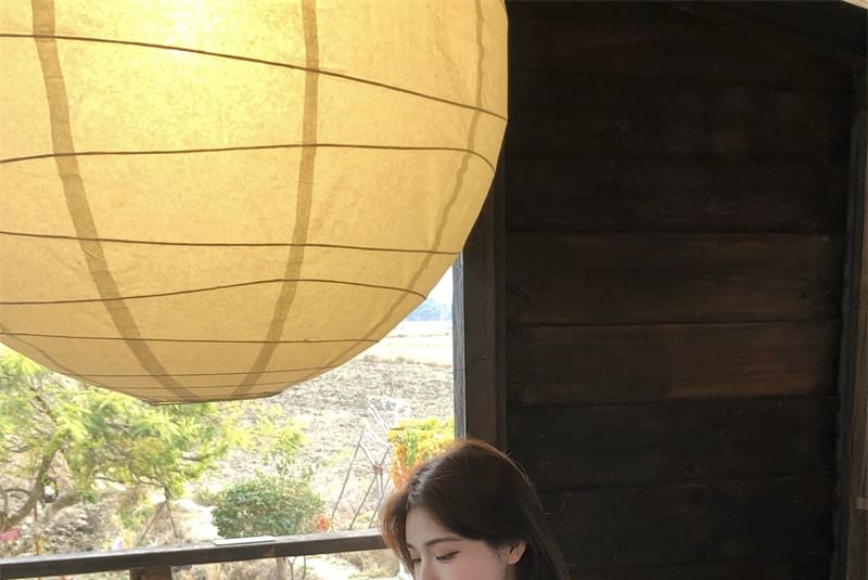 Puff-Sleeve V-Neck Plain Lace Trim Ruffle Blouse