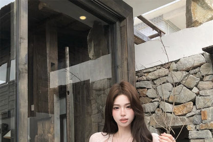 Puff-Sleeve V-Neck Plain Lace Trim Ruffle Blouse