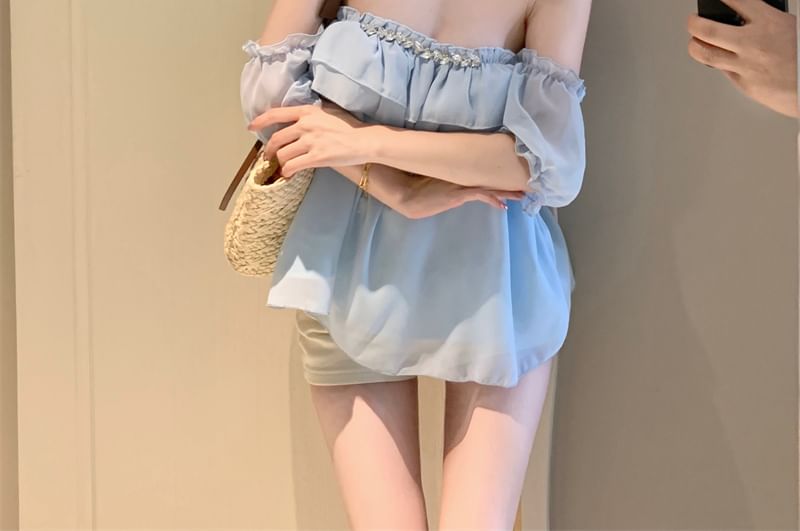 Puff-Sleeve Off-Shoulder Plain Ruffle Rhinestone Blouse