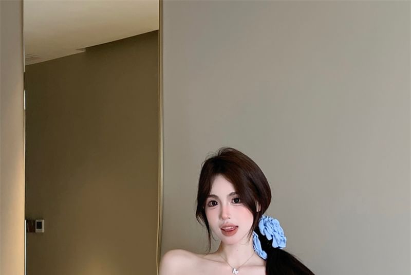 Puff-Sleeve Off-Shoulder Plain Ruffle Rhinestone Blouse