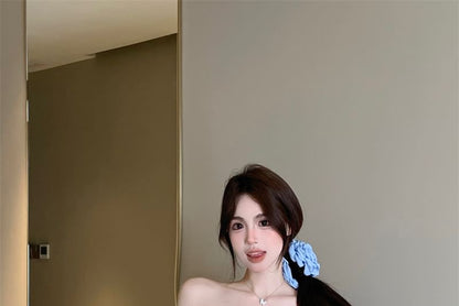 Puff-Sleeve Off-Shoulder Plain Ruffle Rhinestone Blouse