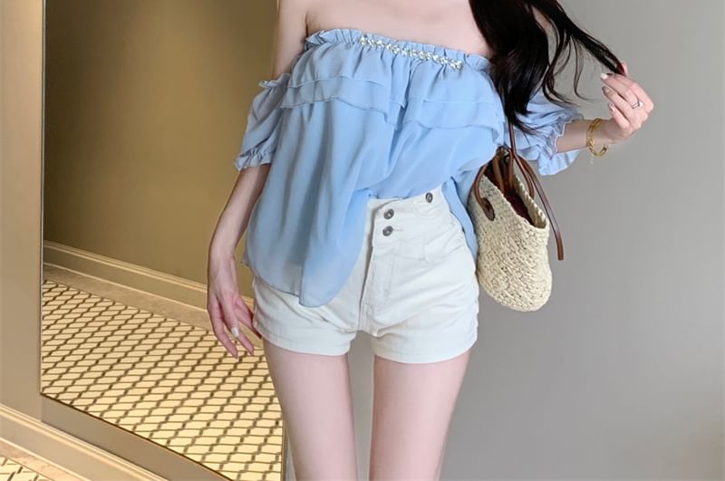 Puff-Sleeve Off-Shoulder Plain Ruffle Rhinestone Blouse