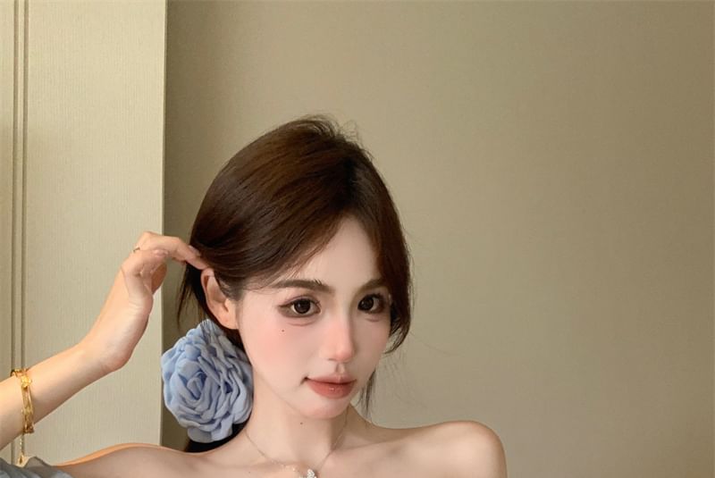 Puff-Sleeve Off-Shoulder Plain Ruffle Rhinestone Blouse