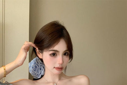 Puff-Sleeve Off-Shoulder Plain Ruffle Rhinestone Blouse