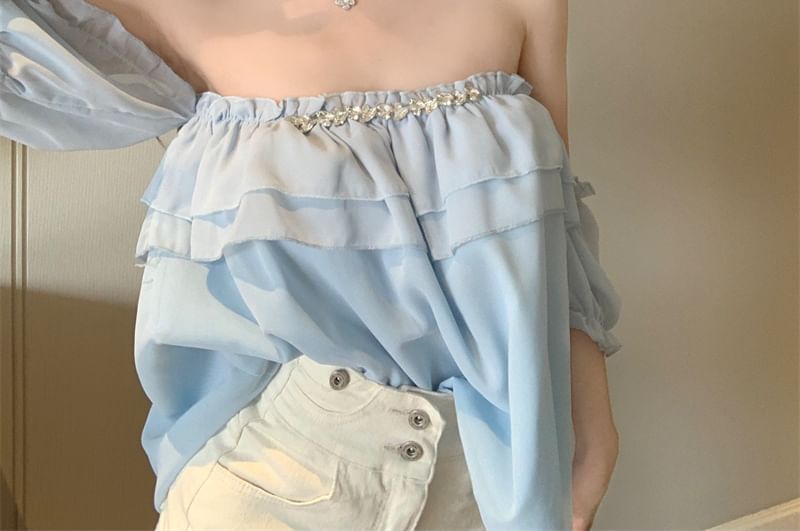 Puff-Sleeve Off-Shoulder Plain Ruffle Rhinestone Blouse