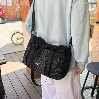 Plaid Panel Drawstring Buckled Crossbody Bag