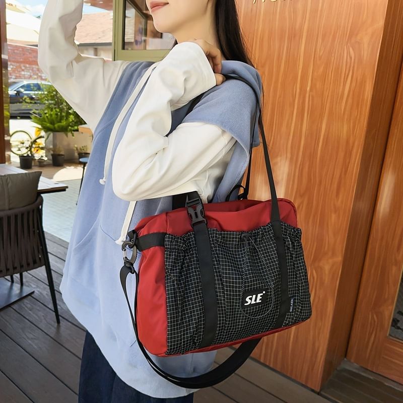 Plaid Panel Drawstring Buckled Crossbody Bag