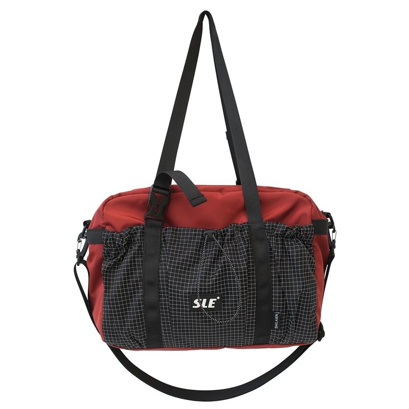 Plaid Panel Drawstring Buckled Crossbody Bag