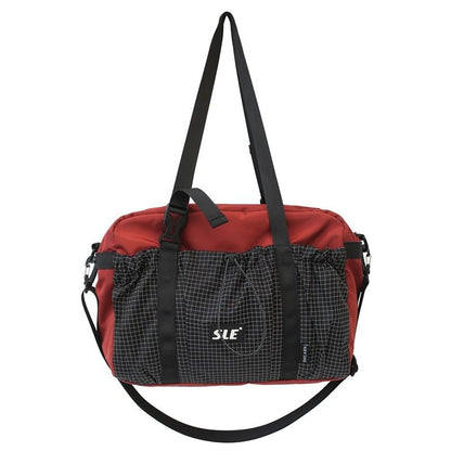 Plaid Panel Drawstring Buckled Crossbody Bag