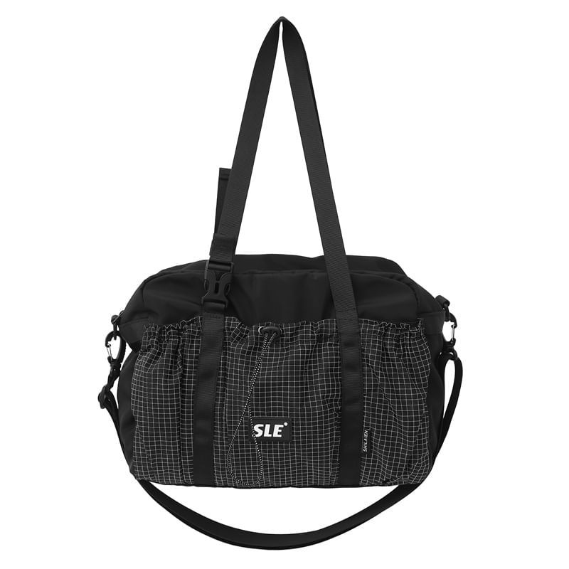 Plaid Panel Drawstring Buckled Crossbody Bag