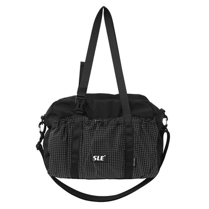 Plaid Panel Drawstring Buckled Crossbody Bag