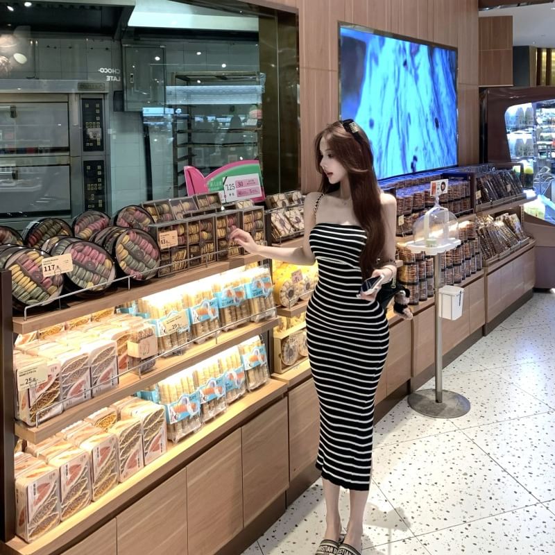 Striped Midi Sheath Tube Dress