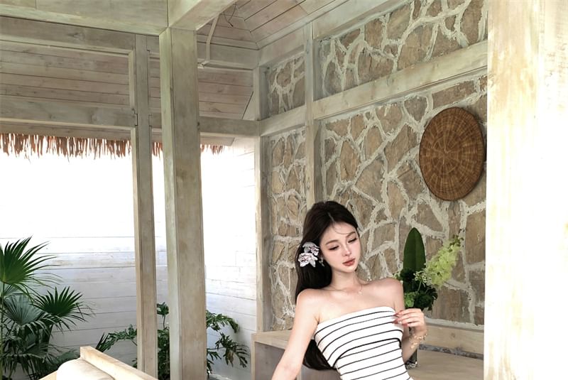 Striped Midi Sheath Tube Dress