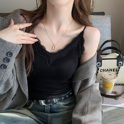 Plain Lace Trim Ribbed Padded Camisole Top