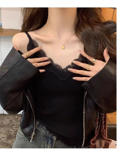 Plain Lace Trim Ribbed Padded Camisole Top