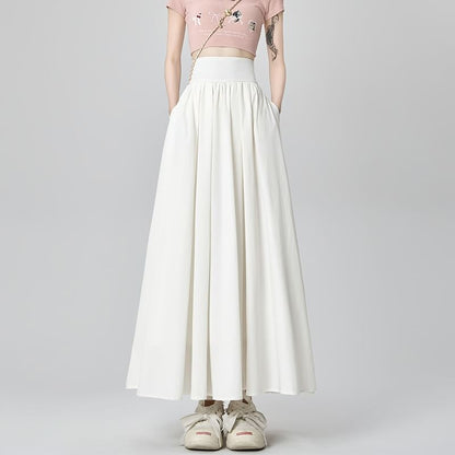 High Waist A-Line Plain Midi Pleated Skirt