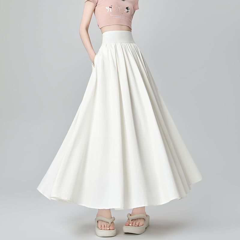 High Waist A-Line Plain Midi Pleated Skirt
