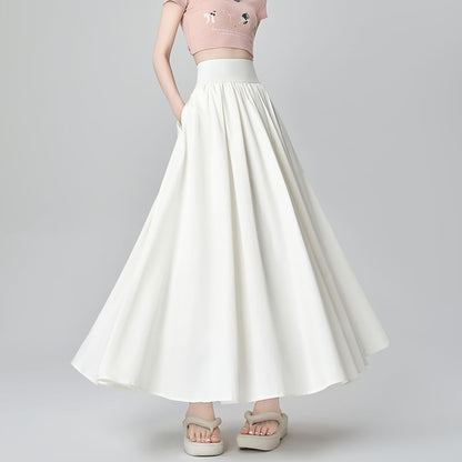 High Waist A-Line Plain Midi Pleated Skirt