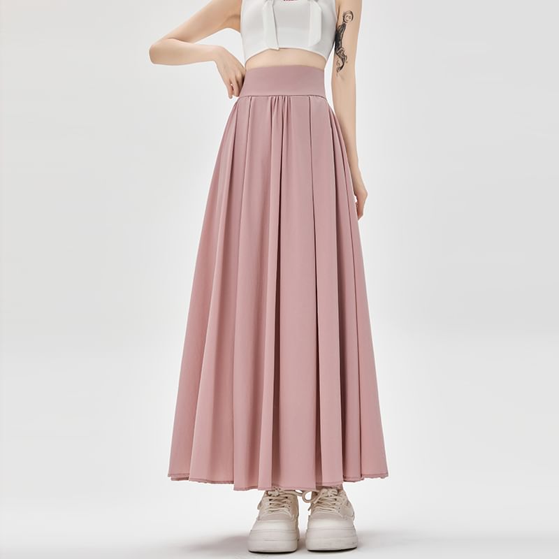High Waist A-Line Plain Midi Pleated Skirt