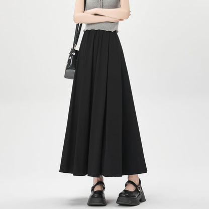 High Waist A-Line Plain Midi Pleated Skirt