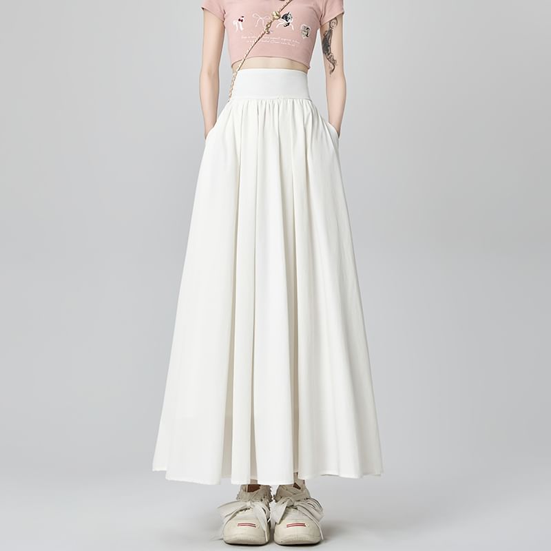 High Waist A-Line Plain Midi Pleated Skirt