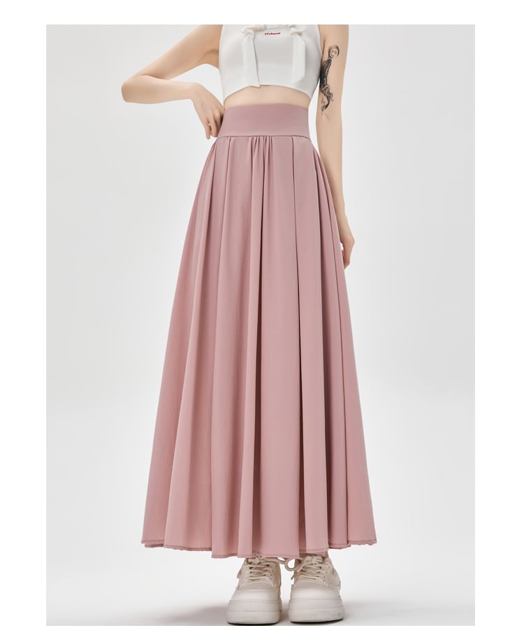 High Waist A-Line Plain Midi Pleated Skirt
