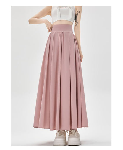 High Waist A-Line Plain Midi Pleated Skirt