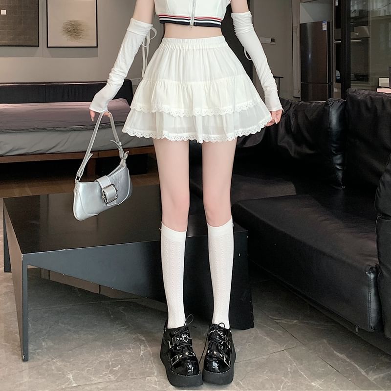 Trim Plain Waist Tiered Mini A-Line Elastic Balletcore Lace Skirt