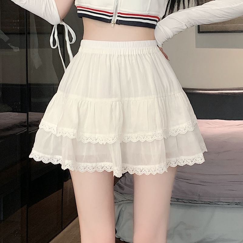 Trim Plain Waist Tiered Mini A-Line Elastic Balletcore Lace Skirt
