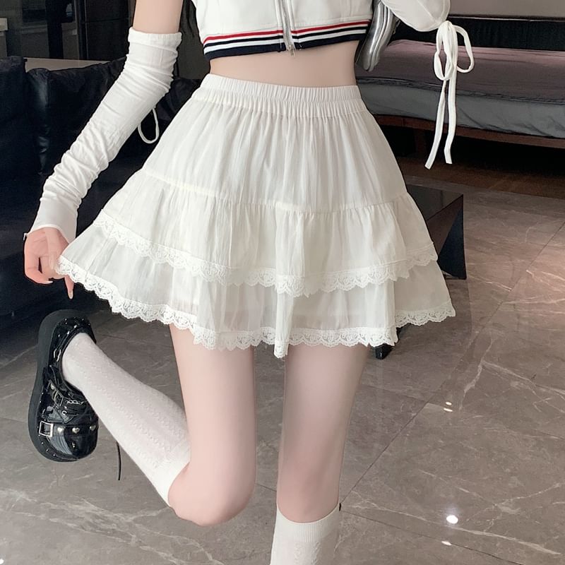 Trim Plain Waist Tiered Mini A-Line Elastic Balletcore Lace Skirt