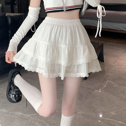 Trim Plain Waist Tiered Mini A-Line Elastic Balletcore Lace Skirt