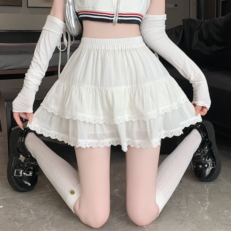 Trim Plain Waist Tiered Mini A-Line Elastic Balletcore Lace Skirt