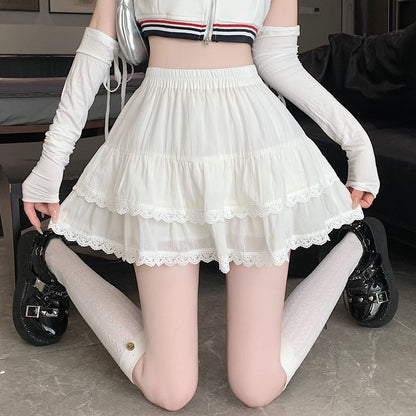 Trim Plain Waist Tiered Mini A-Line Elastic Balletcore Lace Skirt
