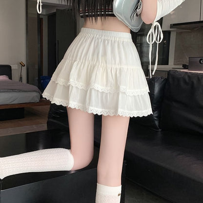 Trim Plain Waist Tiered Mini A-Line Elastic Balletcore Lace Skirt