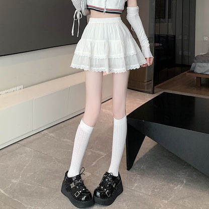 Trim Plain Waist Tiered Mini A-Line Elastic Balletcore Lace Skirt