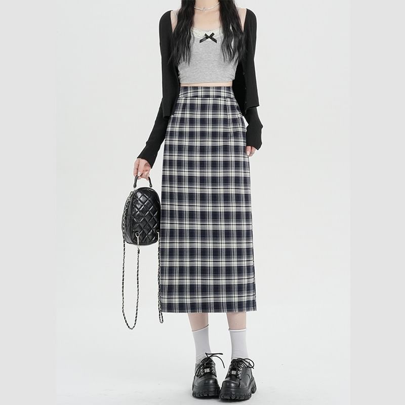 Skirt H-Line Slit Plaid Midi Waist High
