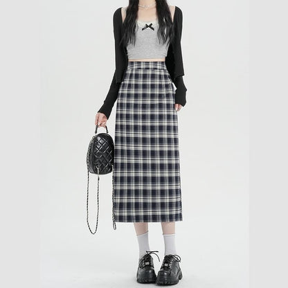 Skirt H-Line Slit Plaid Midi Waist High
