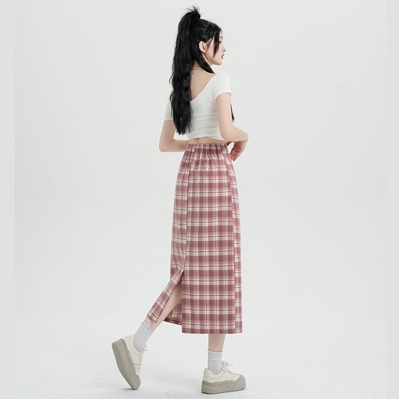 Skirt H-Line Slit Plaid Midi Waist High