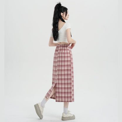 Skirt H-Line Slit Plaid Midi Waist High