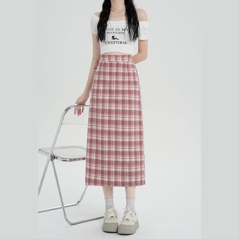 Skirt H-Line Slit Plaid Midi Waist High