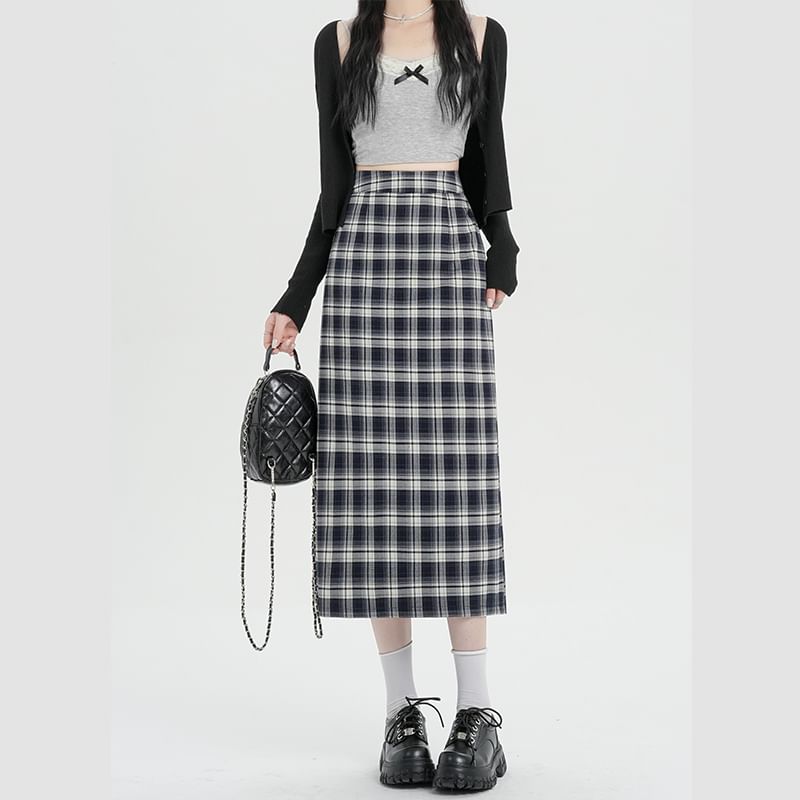 Skirt H-Line Slit Plaid Midi Waist High