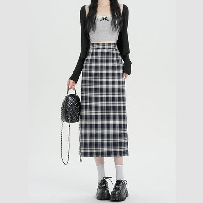 Skirt H-Line Slit Plaid Midi Waist High