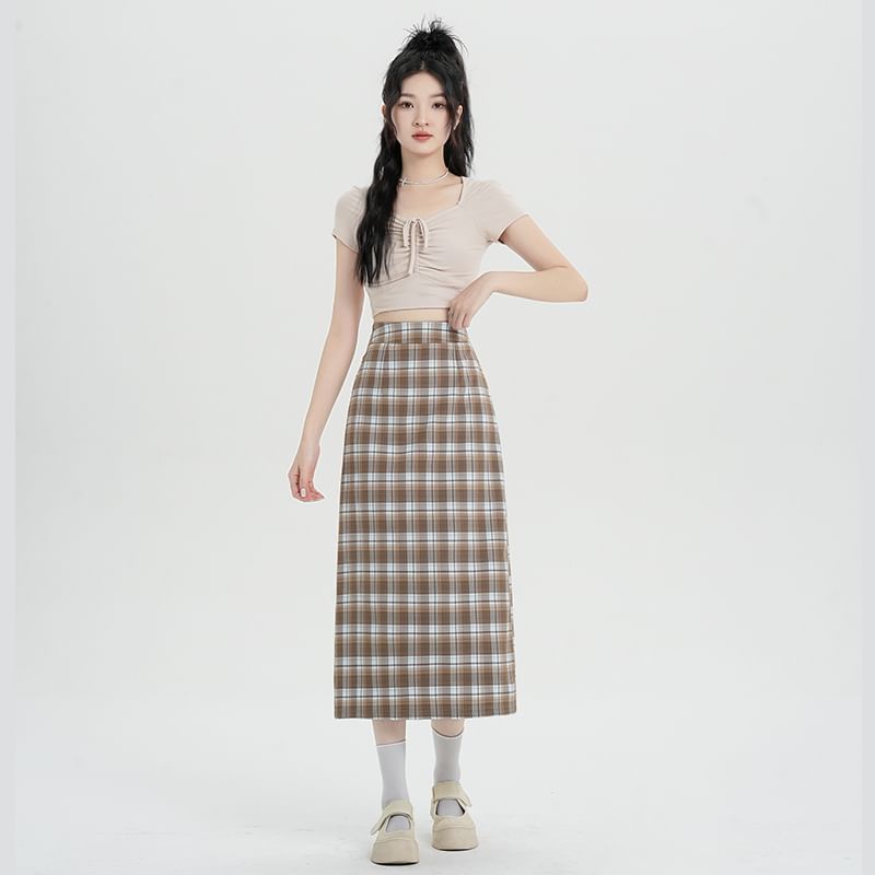 Skirt H-Line Slit Plaid Midi Waist High
