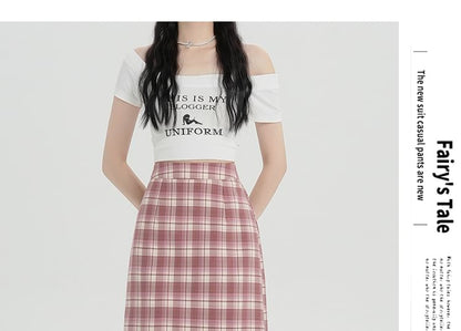 Skirt H-Line Slit Plaid Midi Waist High
