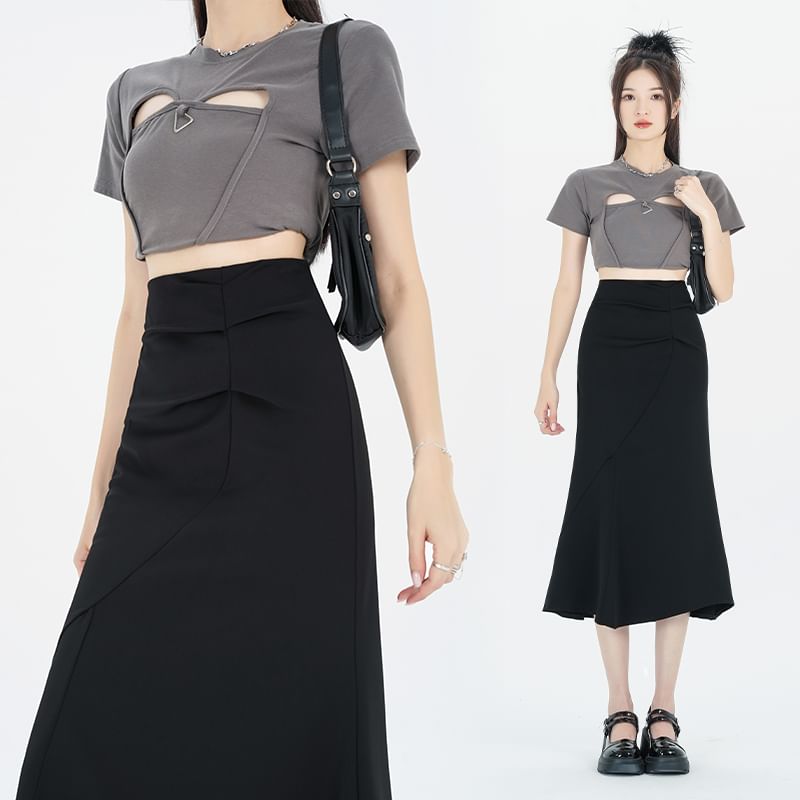 High Waist Plain Ruched Midi Fishtail Skirt